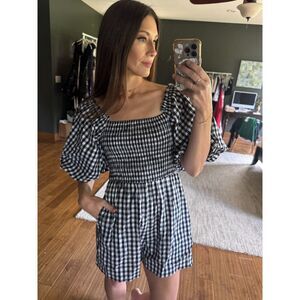 Anthropologie Self Contrast Amadi Gingham Puff Sleeve Romper with Pockets